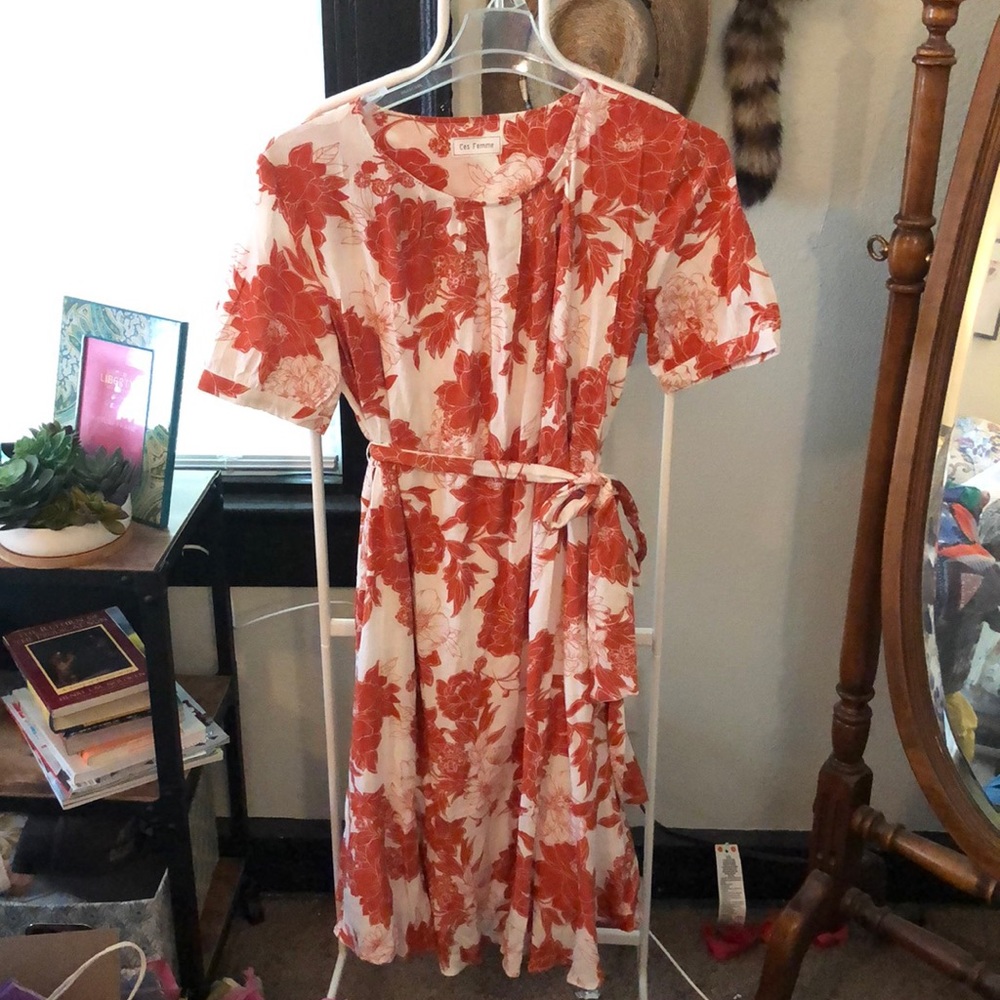 Orange and cream floral belted dress